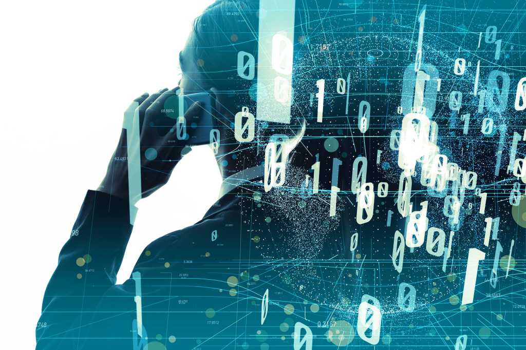 Double-exposure shot of a businesswoman using a mobile phone, binary code and statistical graphs..
