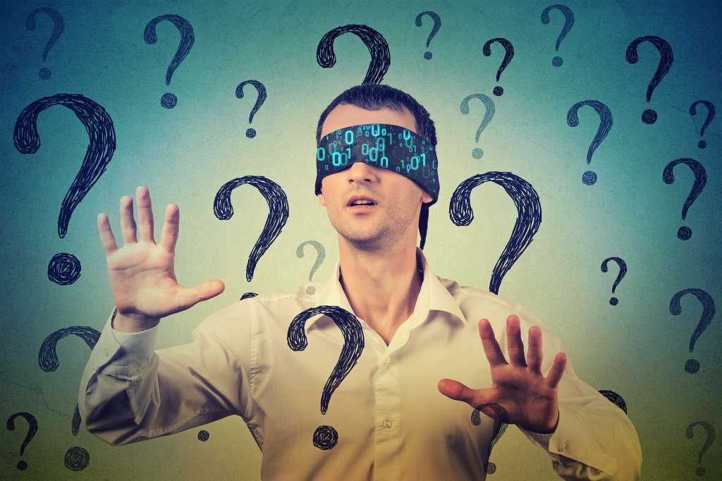 Cybersecurity awareness  >  A man with a binary blindfold finds his way through question marks.