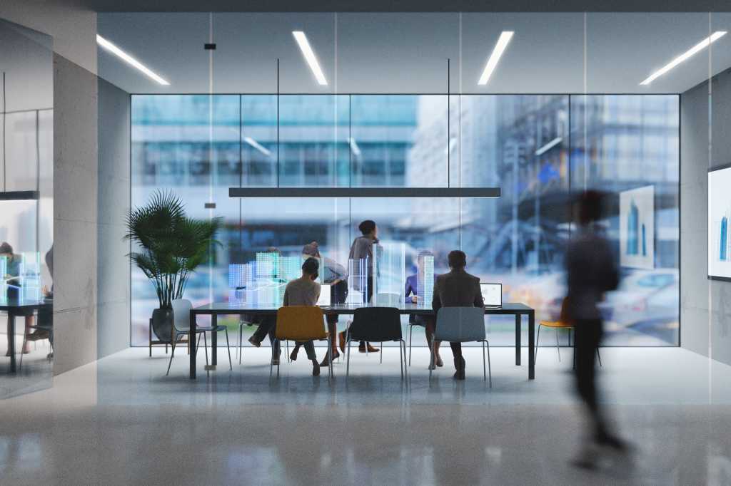 What's Next? > Futuristic workspace with conceptual virtual interface / future planning / progress