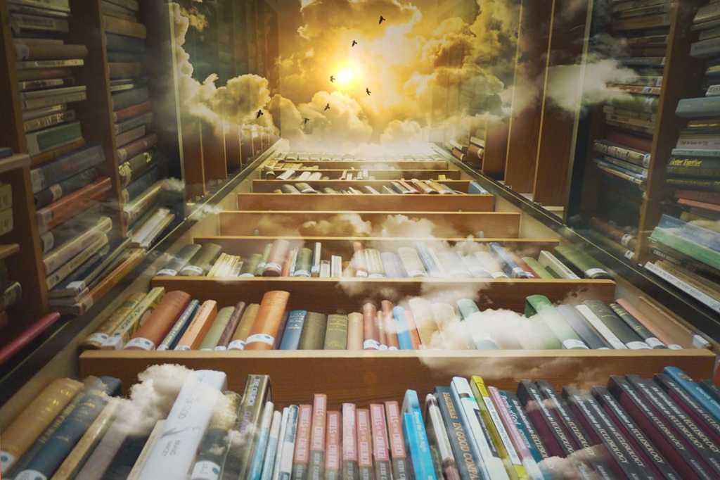 library books, shelves / repository / clouds