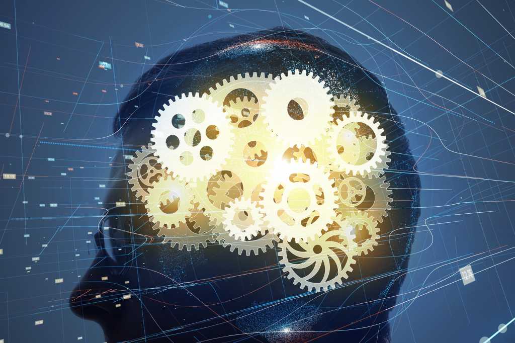 A multiple-exposure shot shows a human profile with gears overlaying and representing the brain.
