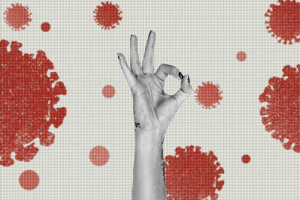 OKAY hand sign amid COVID-19 coronovirus morphology