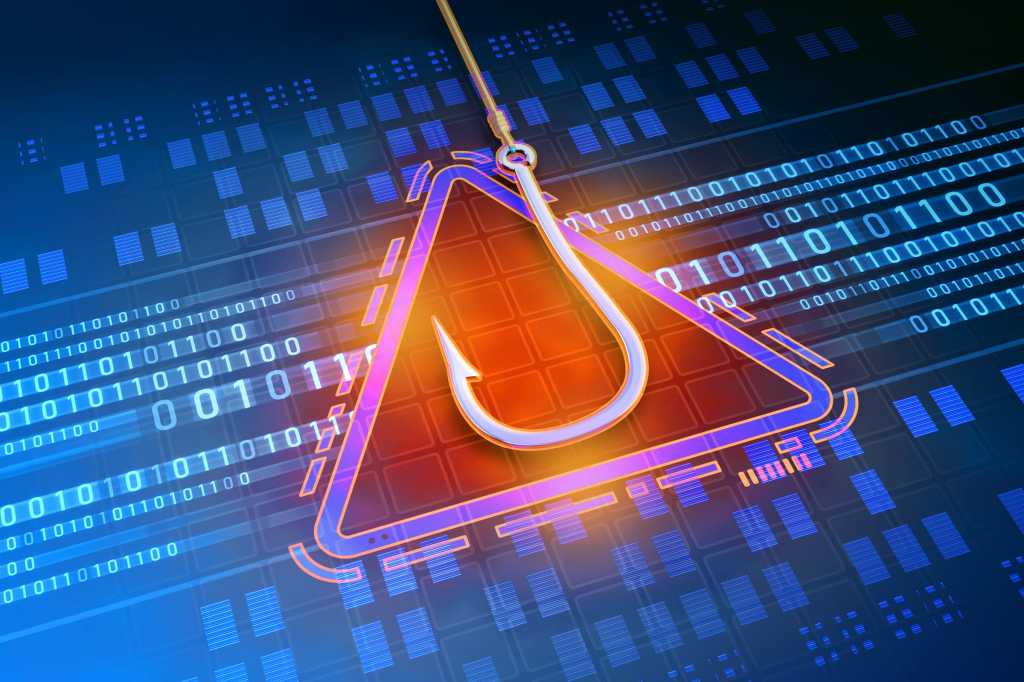 Phishing attack > A fish hook hover above binary code with a caution triangle.