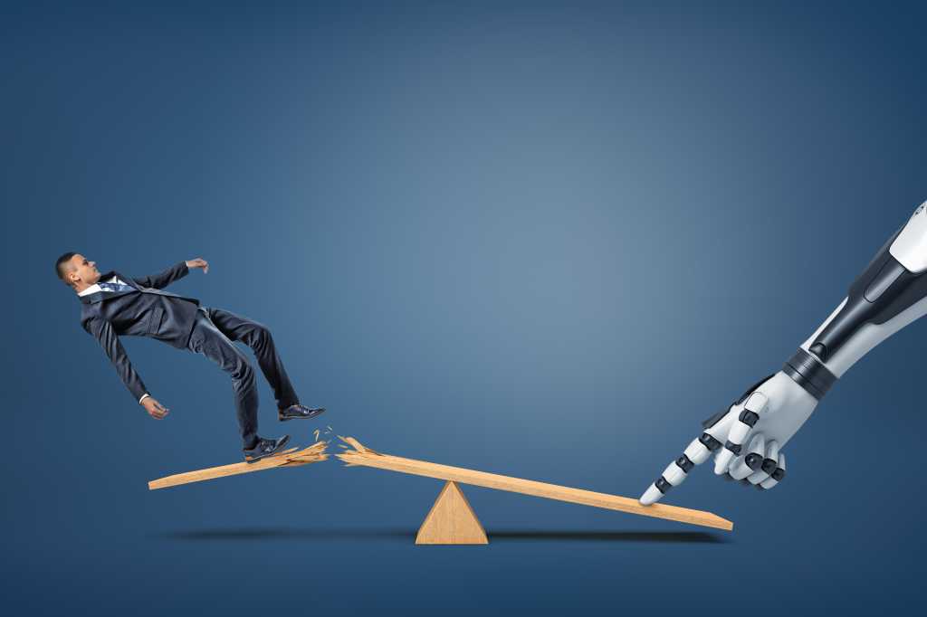 A small businessman falls from a broken plank of a see-saw when a robotic arm presses on its another side. Human vs robot. New technologies in business. Automation of business processes.