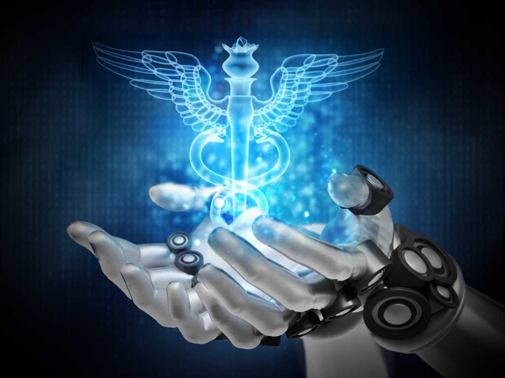 Blue caduceus hologram over robotic hands.