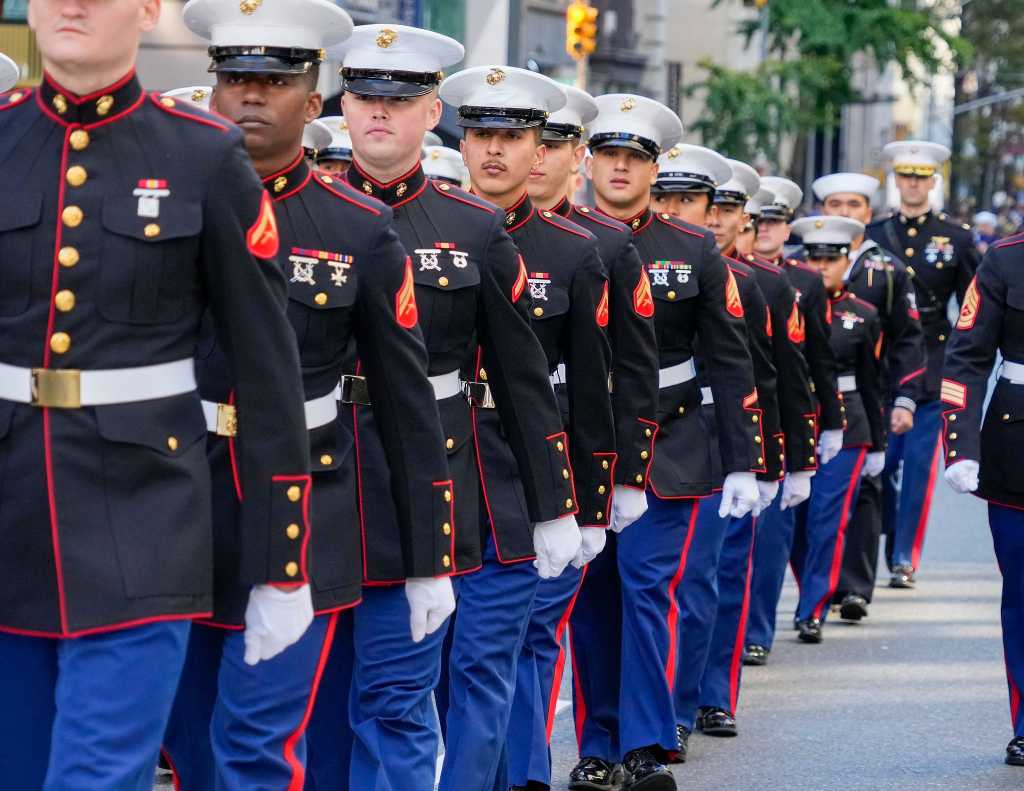 Members of the US Marines march on Fifth Avenue during the 104th annual Veterans Day Parade in New York, New York, USA, 11 November 2023. The parade is the largest one honoring veterans in the US and is held each 11 November to mark the anniversary of the end of World War I.