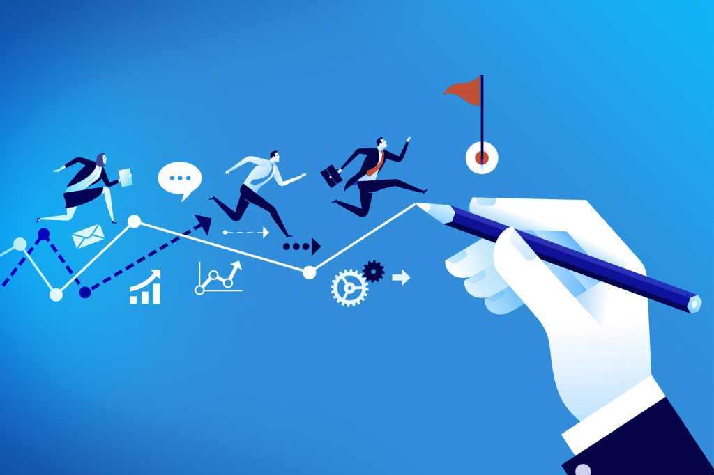 Conceptual image of three figures running toward a goal, along trend lines drawn by a large hand.