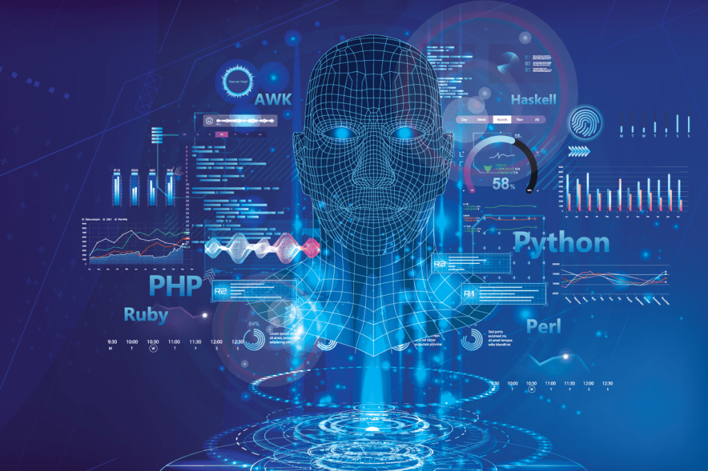 Various programming languages for creation and development Neural network with high-level artificial intelligence. Programming language web banner, concept AI. Deep machine learning. Vector AI