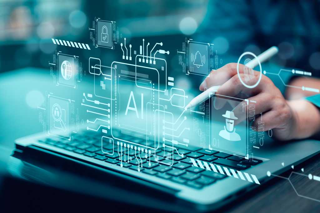 Programmer people working laptops or smartphones with AI, artificial intelligence software engineer coding on laptop computers with technology icons and binary code, big data, Ai bot digital machine
