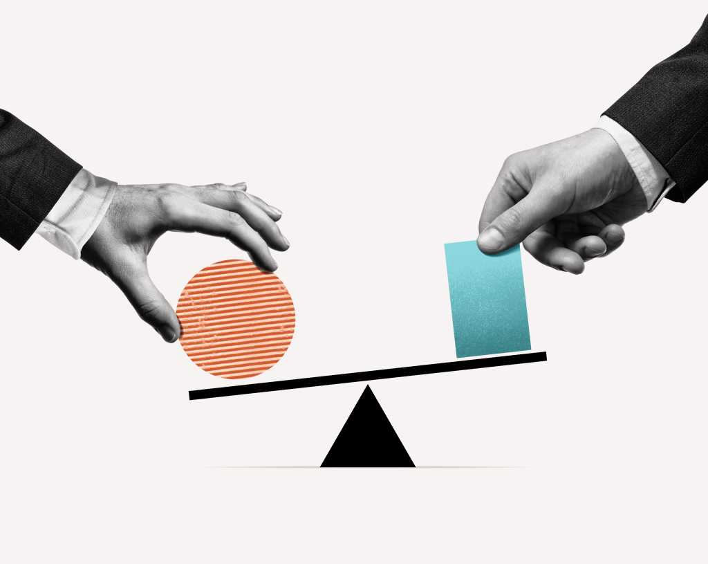 shutterstock 2508410235 Finding the right balance in business. Art collage. fairness concept